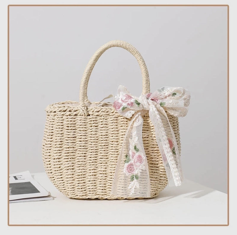 Women's Medium Straw Bow Knot Elegant Square String Straw Bag