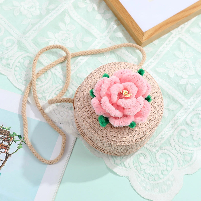 Women's Small Straw Solid Color Flower Vacation Beach Weave Round Zipper Straw Bag