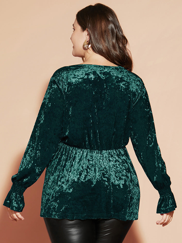 Solid Wrap Lantern Sleeve Lace Trim Velvet Long Tee