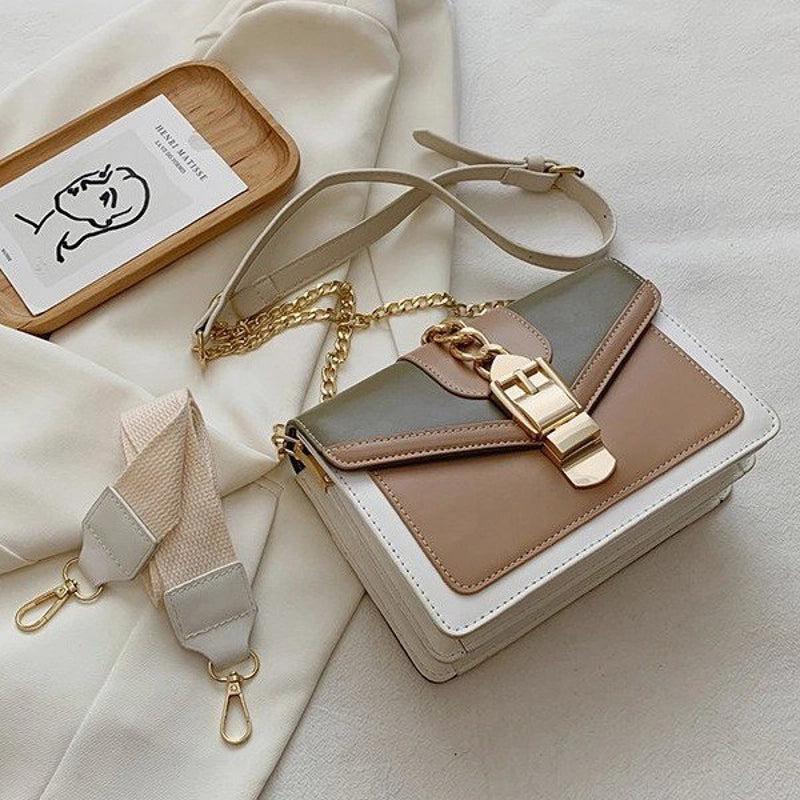Women's Medium Pu Leather Color Block Streetwear Lock Clasp Crossbody Bag