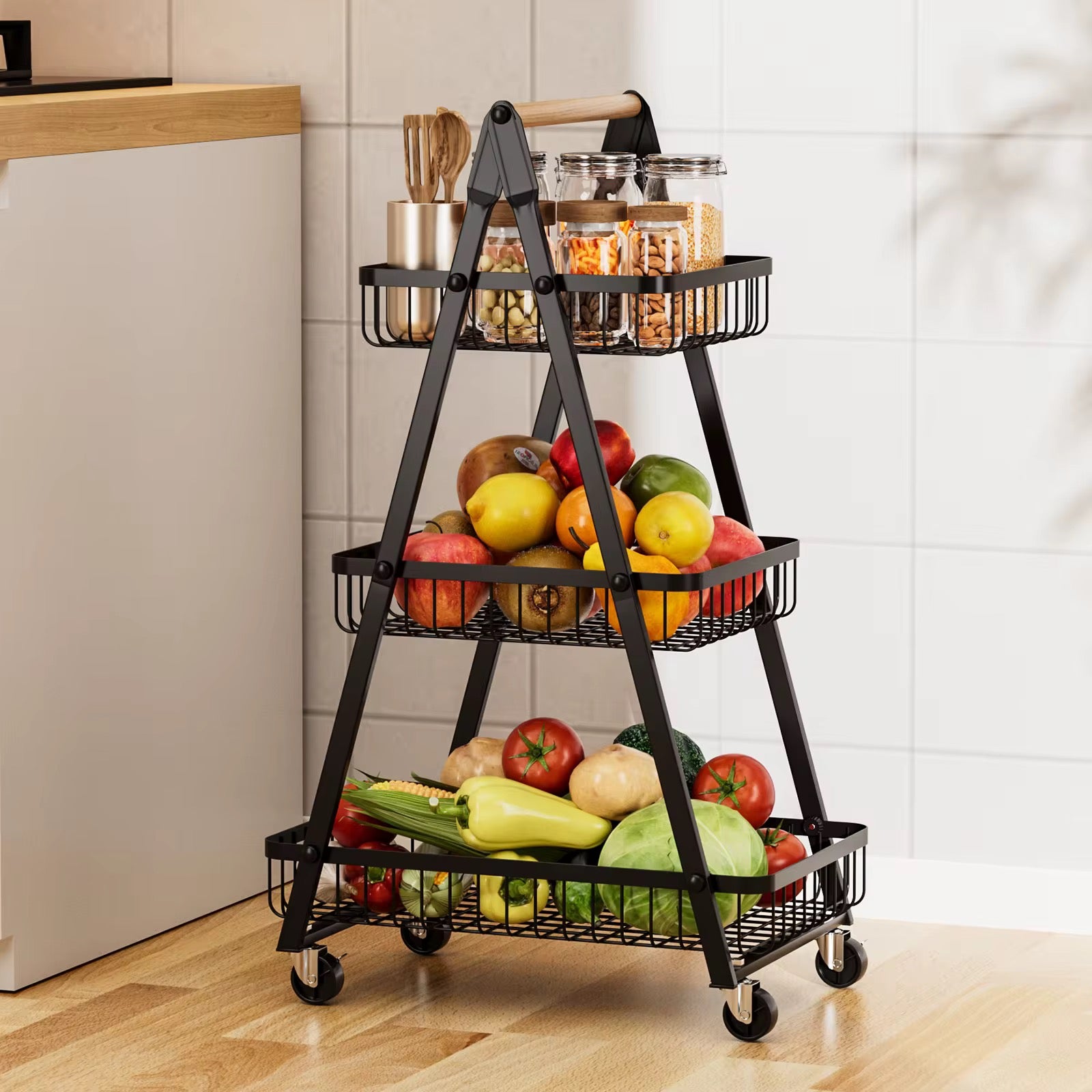 3-Tier Rolling Utility Cart Storage Shelves Multifunction Storage Vegetable Kitchen Trolley Service Cart with Mesh Basket Handles and Wheels Easy Assembly for Bathroom. Kitchen. Office.