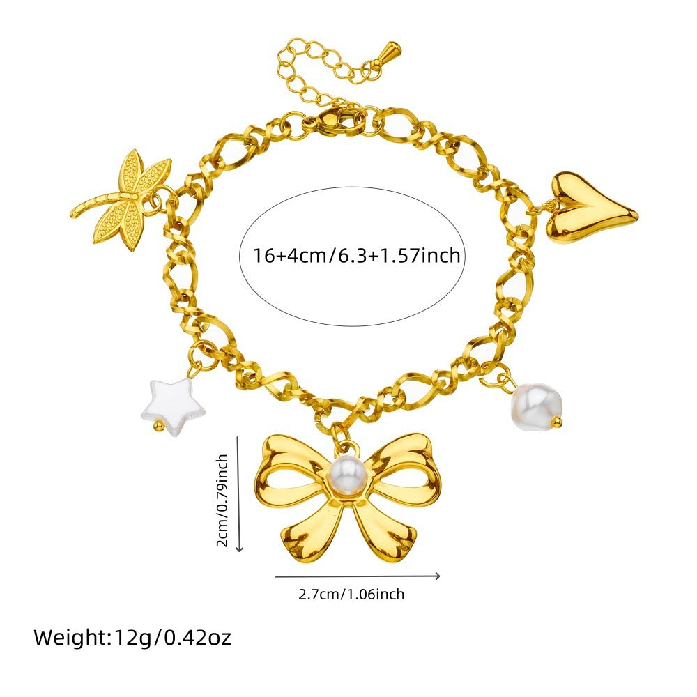 Fashion Gold-Plated Stainless Steel Bow Pearl Heart Dragonfly Five-Pointed Star Pendant Bracelet