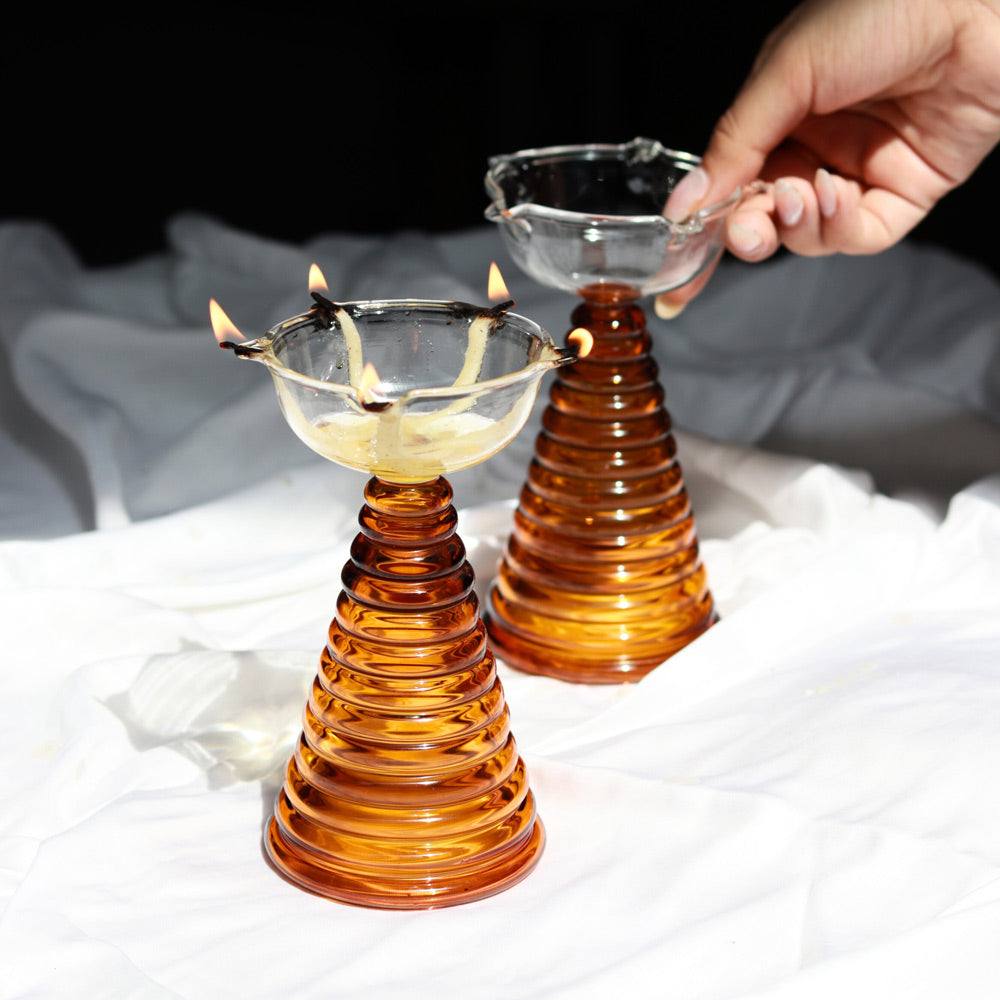 Tall Glass Diya - Amber