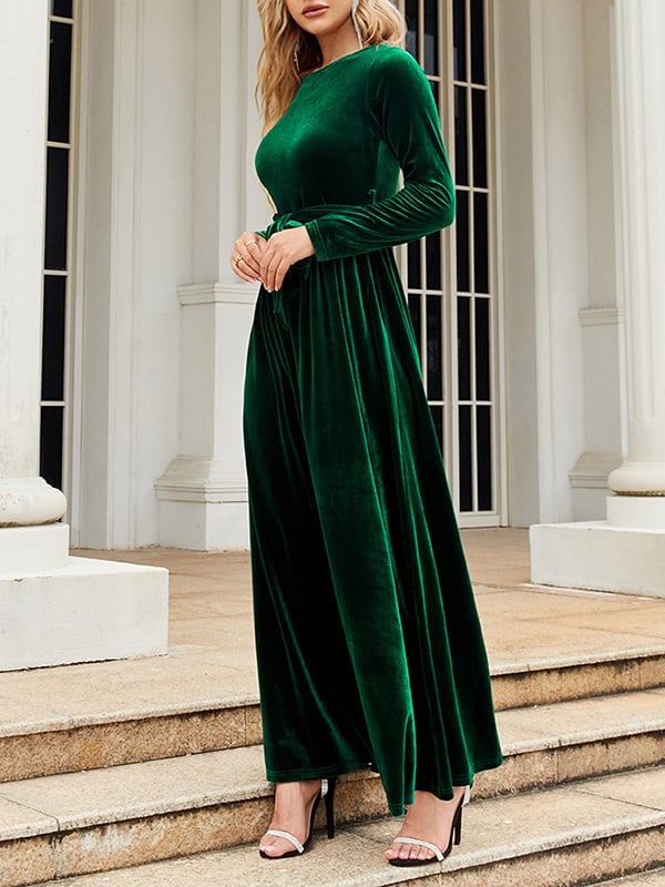 Long Sleeves Wrap Belted Pleated Solid Color Zipper Round-Neck Maxi Dresses