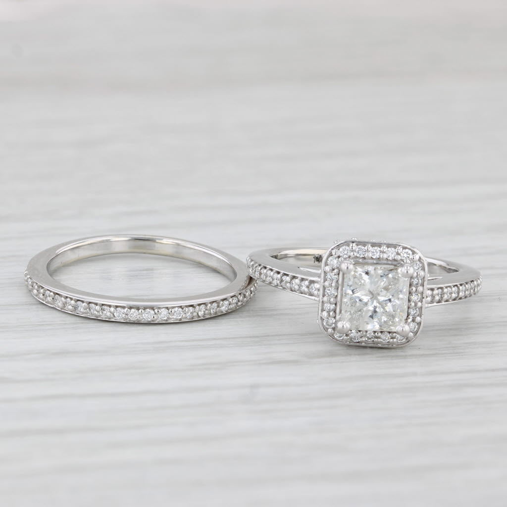 1.45ctw Princess Diamond Halo Engagement Ring Wedding Band Bridal Set 14k Gold