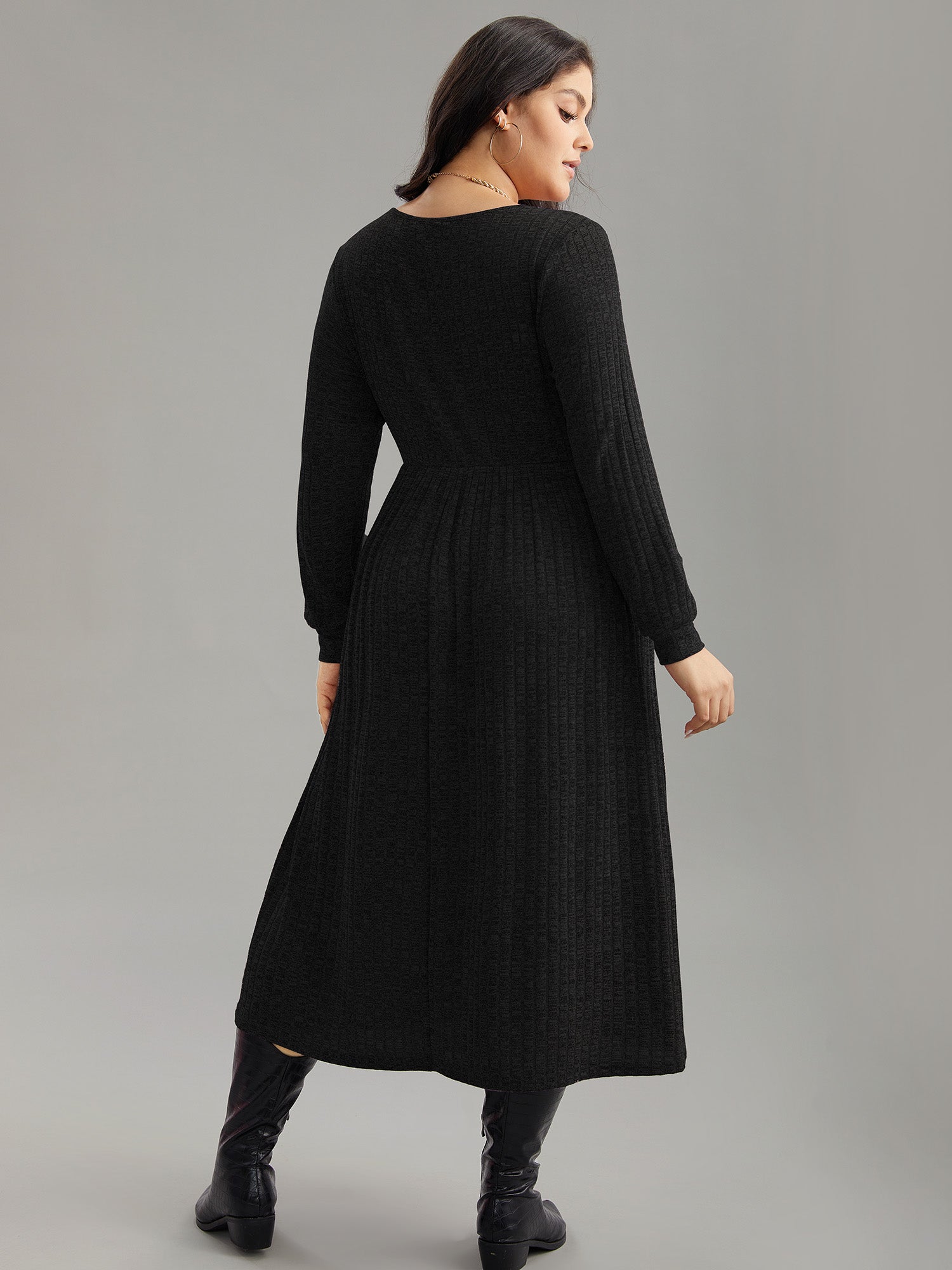 Rib Knit Plain Plisse Long Sleeve Dress