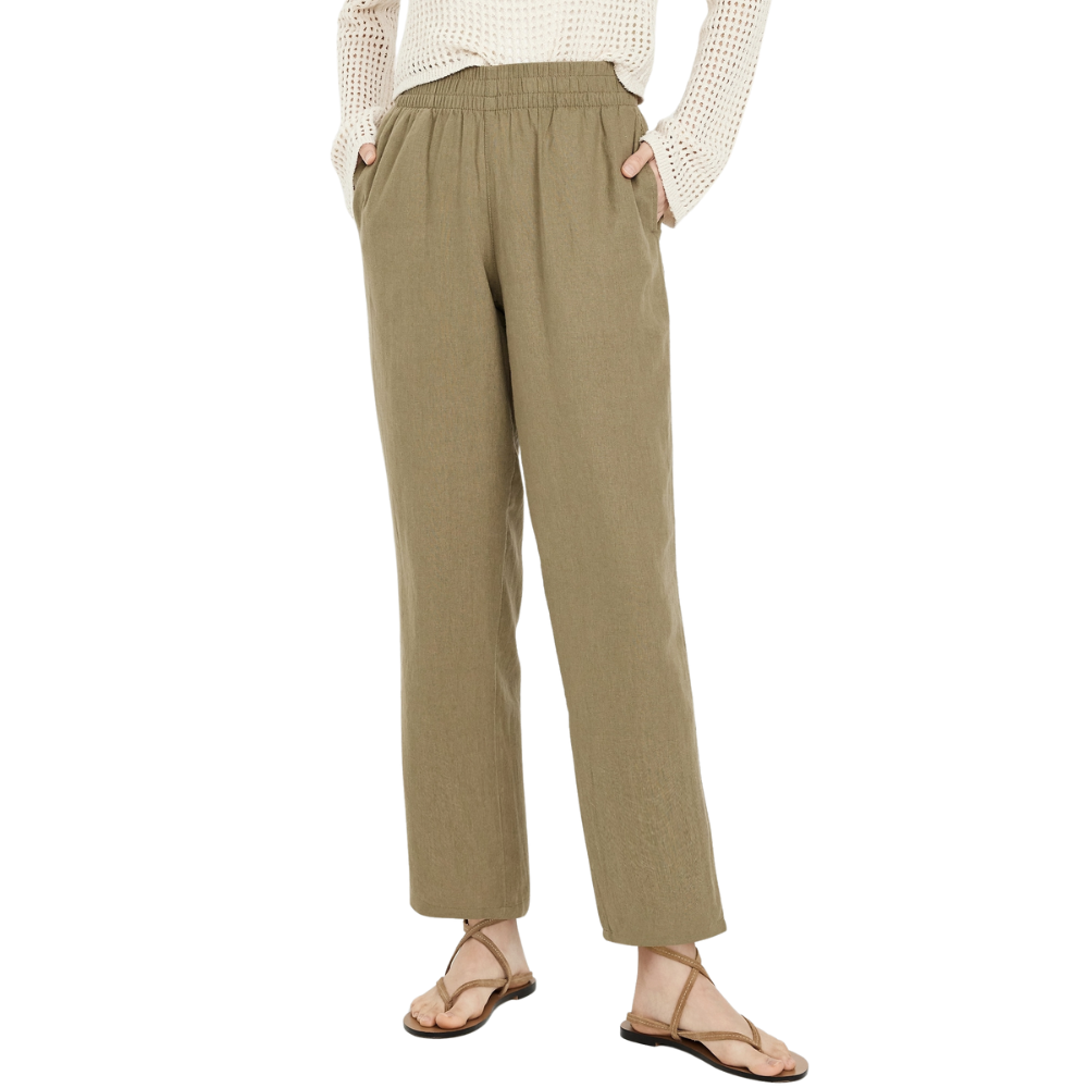 High Waisted Linen Blend Straight Ankle Pants