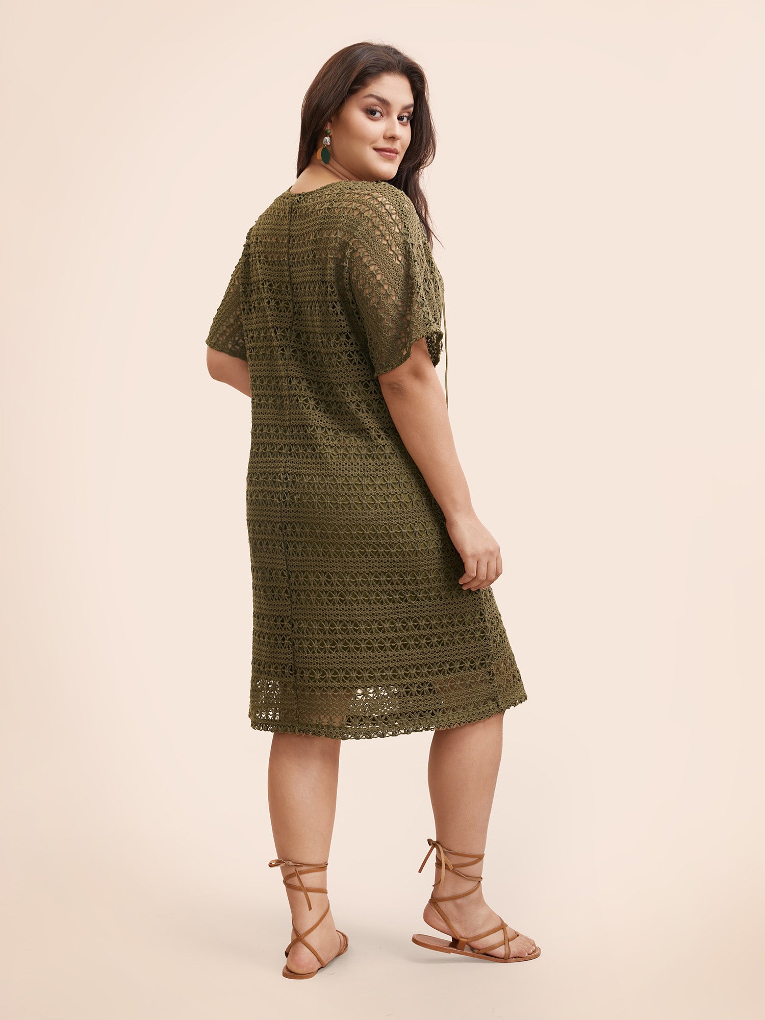 Crocheted Lace Up Dolman Sleeve Tiered Dress