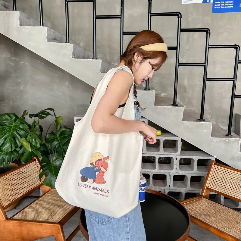 Women's Large Canvas Cartoon Fruit Cute Streetwear Square Open Canvas Bag