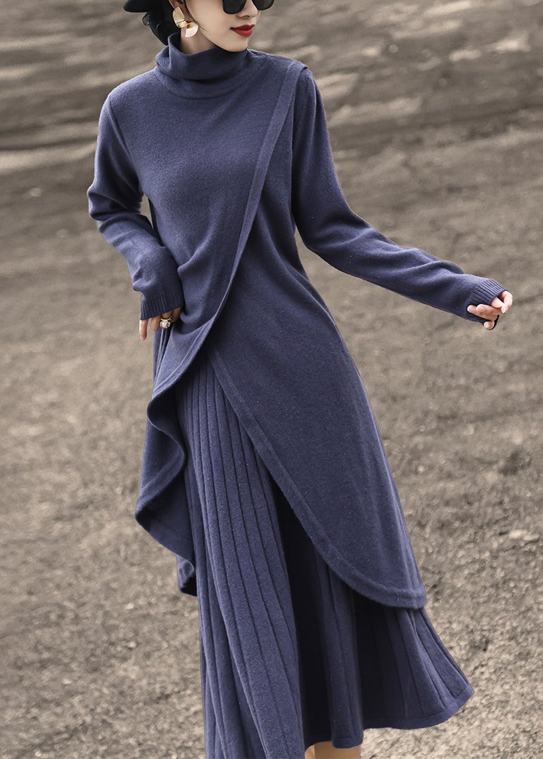New Blue Turtleneck Tops And Skirts Wool Knit Two-Piece Set Spring
