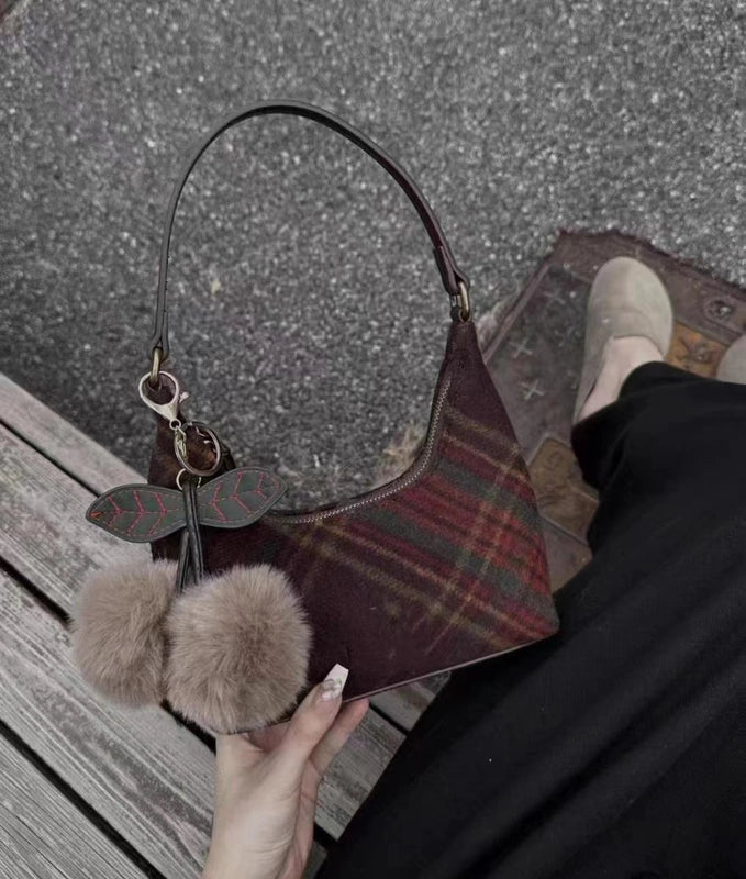Wool Plaid Retro Niche Underarm Bag For Women New Autumn And Winter Cherry High-grade Portable Shoulder Bag