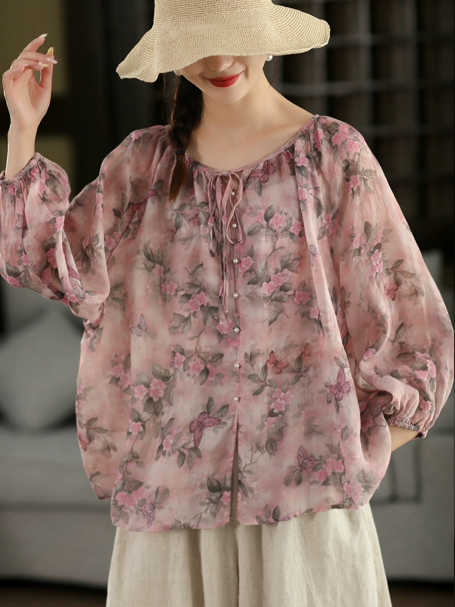 Women Summer Artsy Flower O-Neck 100%Raime Shirt