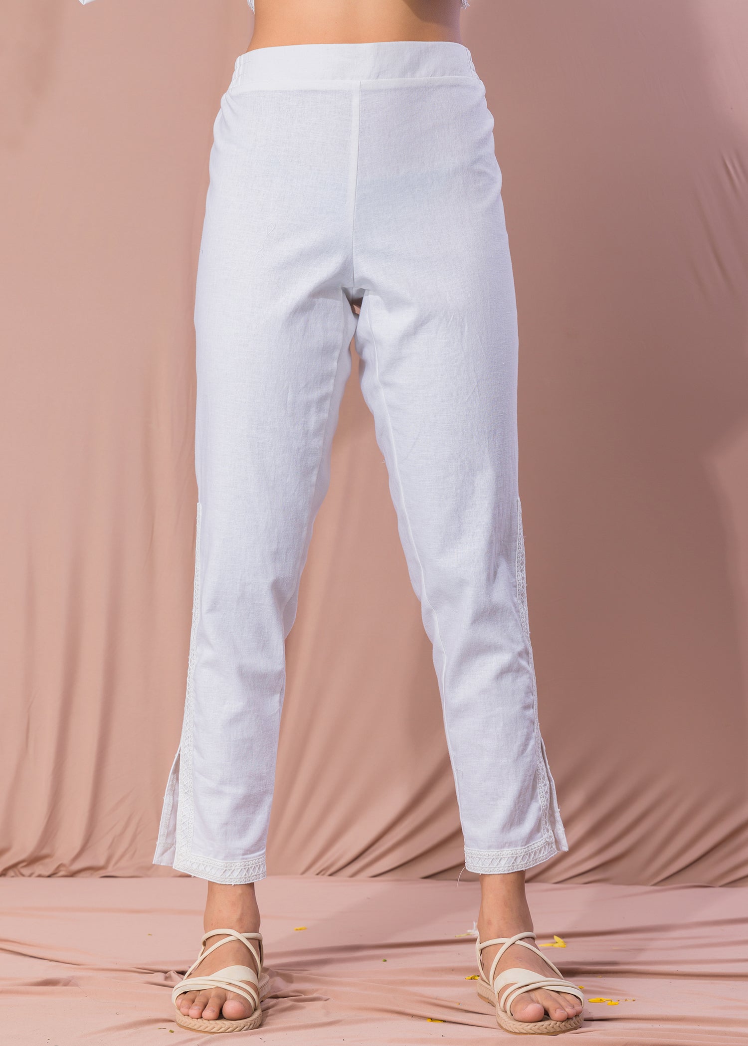 White Linen Pant With Lace Detail