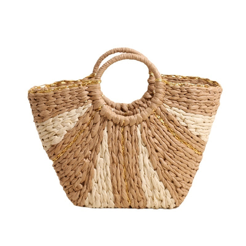 Women's Medium Straw Color Block Vacation Classic Style Weave Bucket Open Straw Bag