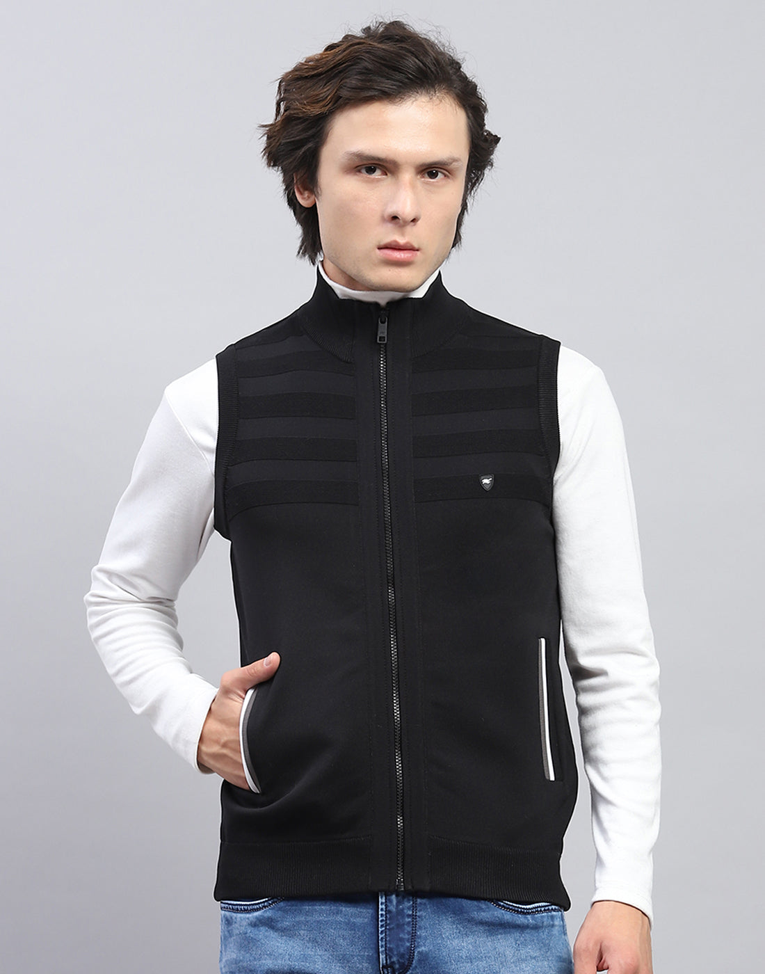 Men Black Solid Mock Neck Sleeveless Sweater