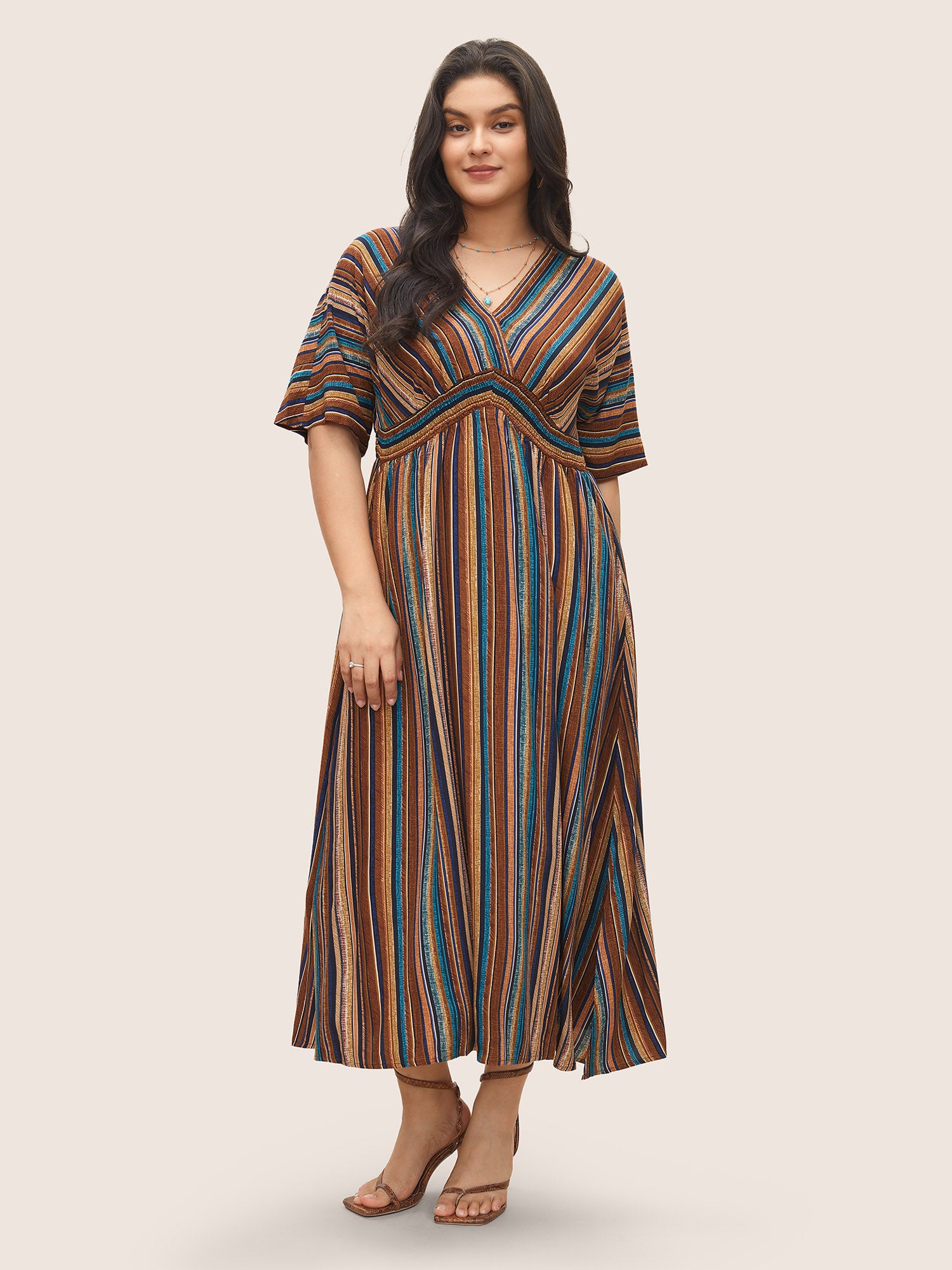 Striped Contrast Dolman Sleeve Shirred Pocket Split Flutter Dress