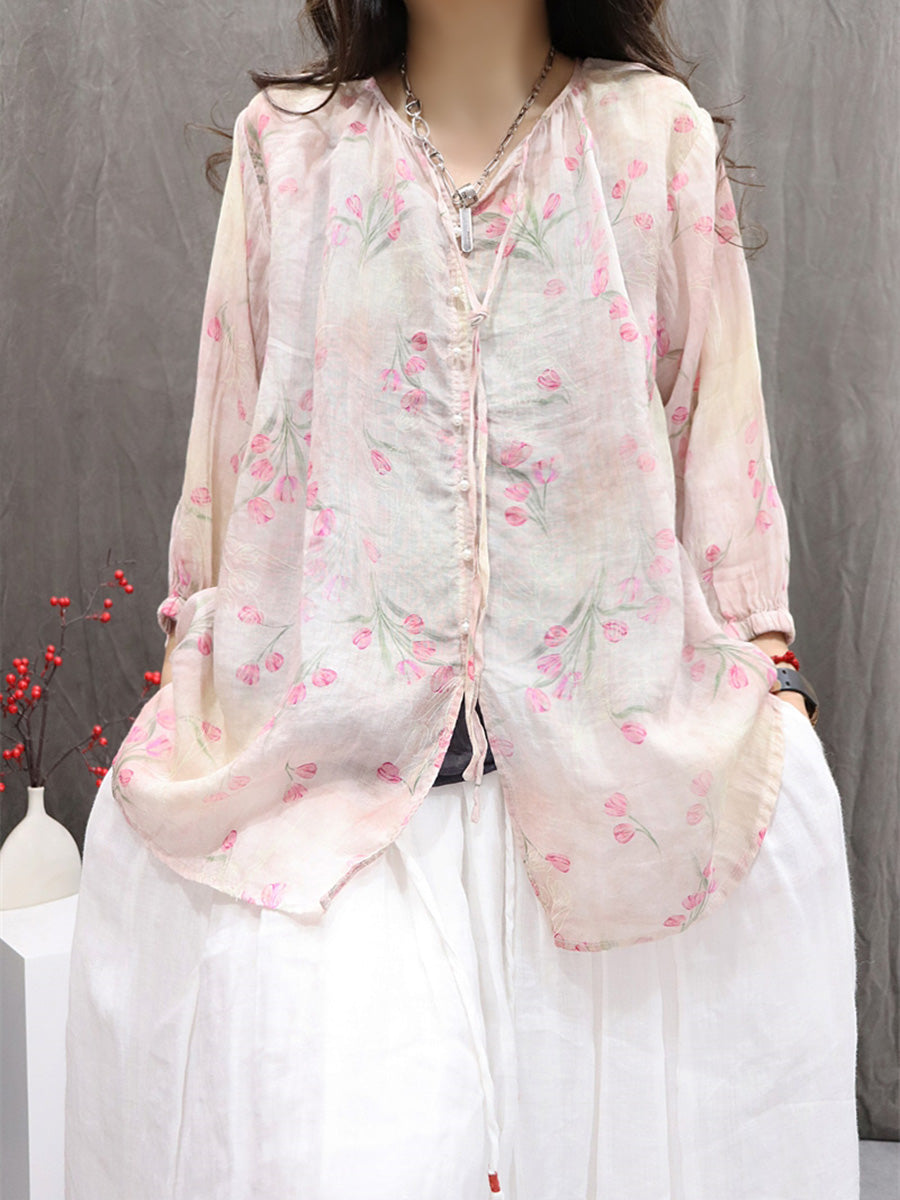 Women Summer Vintage Flower Hooded Ramie Shirt