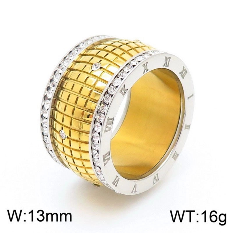 Lady Roman Numeral Titanium Steel Rhinestones 18K Gold Plated Inlay Rings
