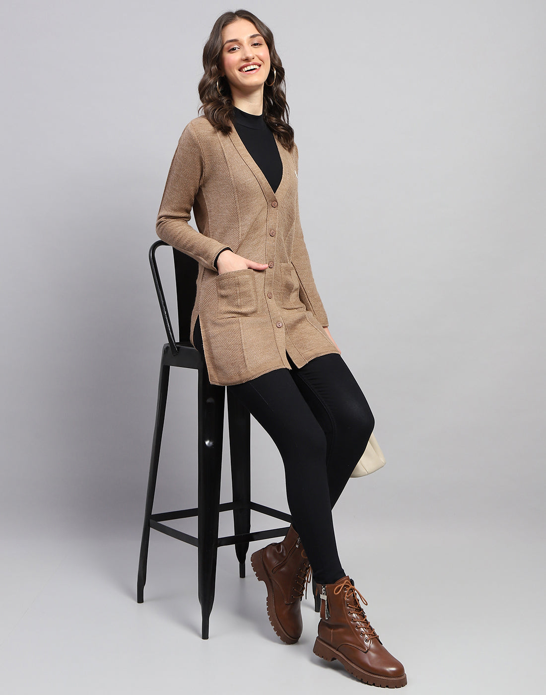 Women Brown Self Design V Neck Full Sleeve Cardigan