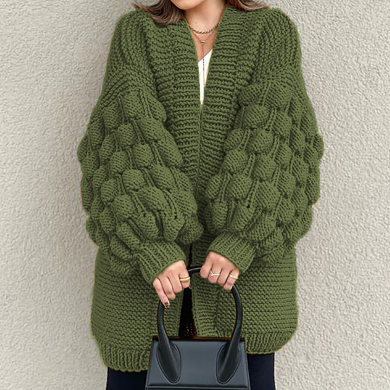 Retro Loose Puff Sleeves Thick Wool Knitted Cardigan