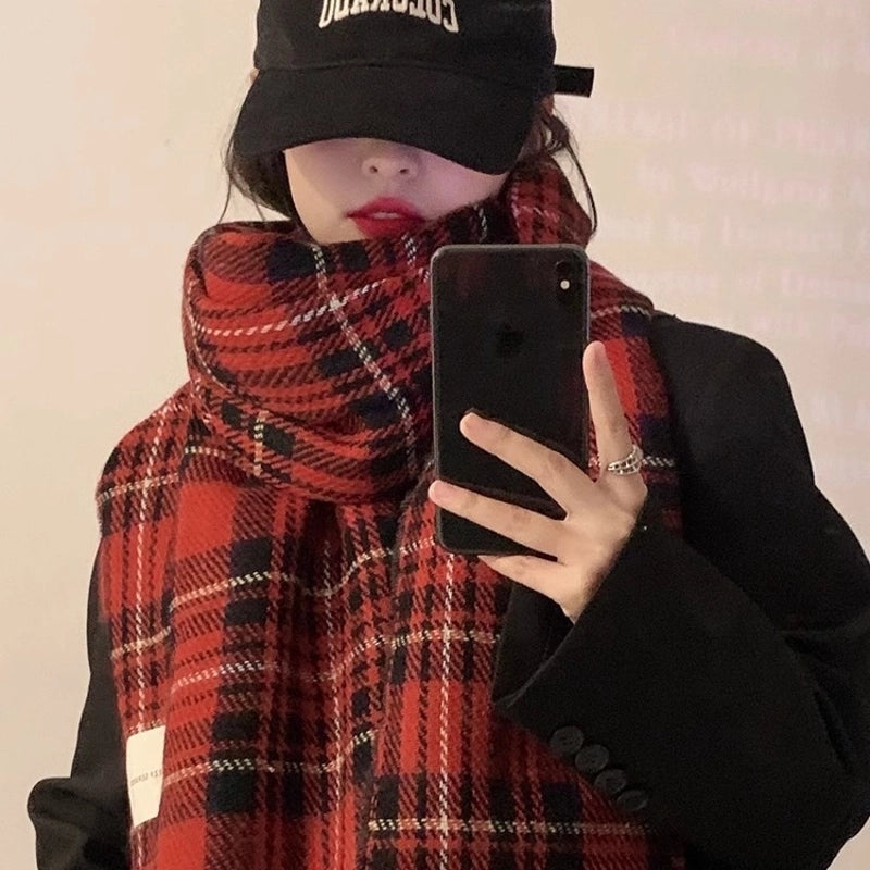 Christmas Scarf Women's Winter  High-grade Red Plaid Scarf Student Couple Thickened Warm Shawl