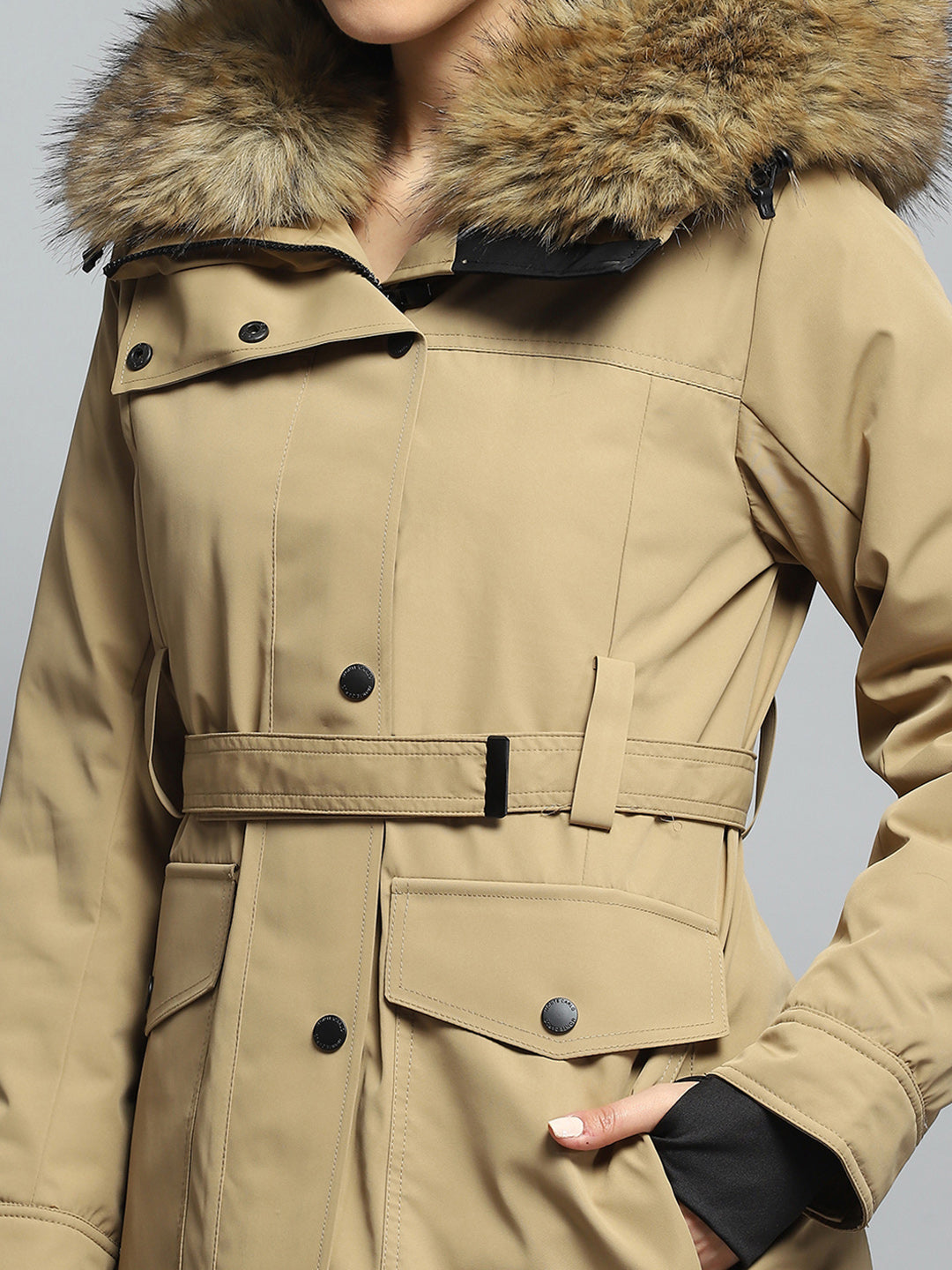 Women Khaki Solid Hooded Full Sleeve Jacket