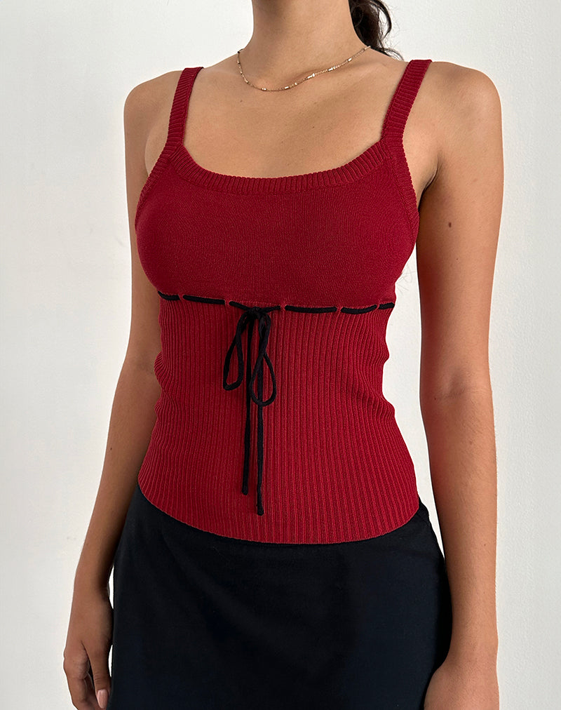 Joanie Rib Cami Top in Red with Black Tie