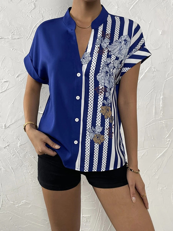 Loose Short Sleeves Buttoned Contrast Color Flower Print Striped V-Neck Blouses&Shirts Tops