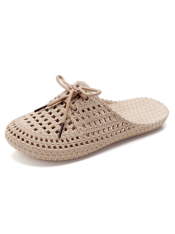 Hollow Lace-Up Round-Toe Mules&Slides Slippers