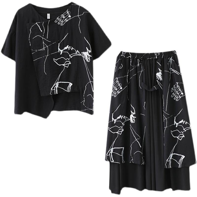 Black Print Short Sleeve Round Neck T-shirt Elastic Waist Skirt Suit Summer