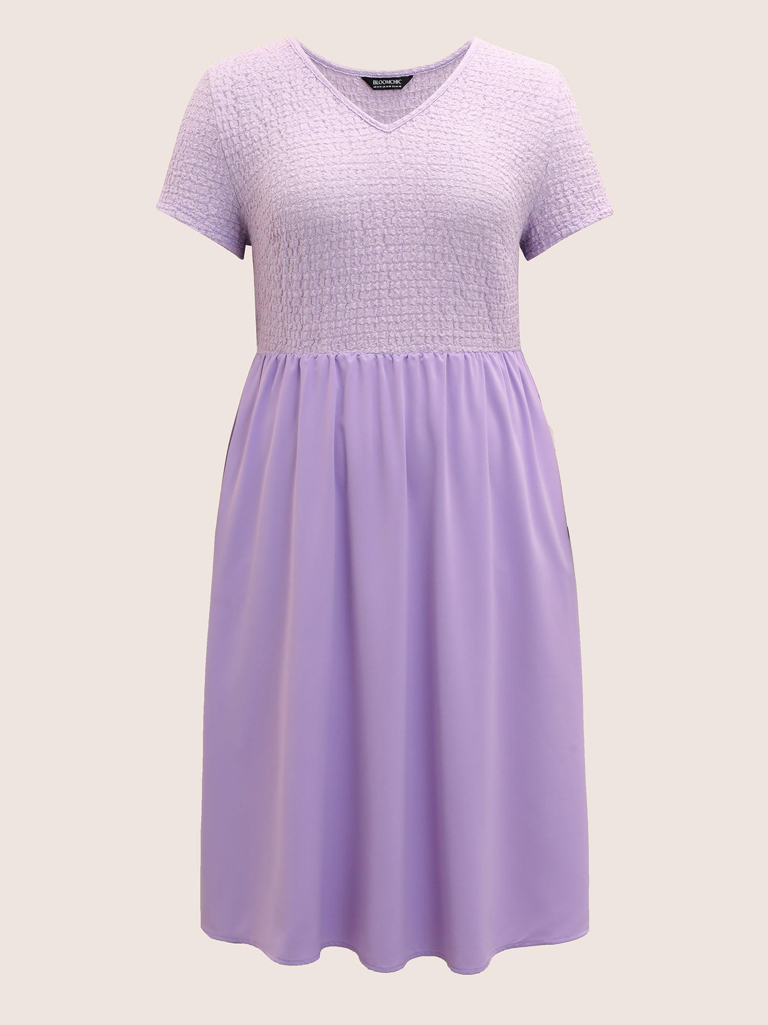 V Neck Solid Textured Patchwork Midi Dress