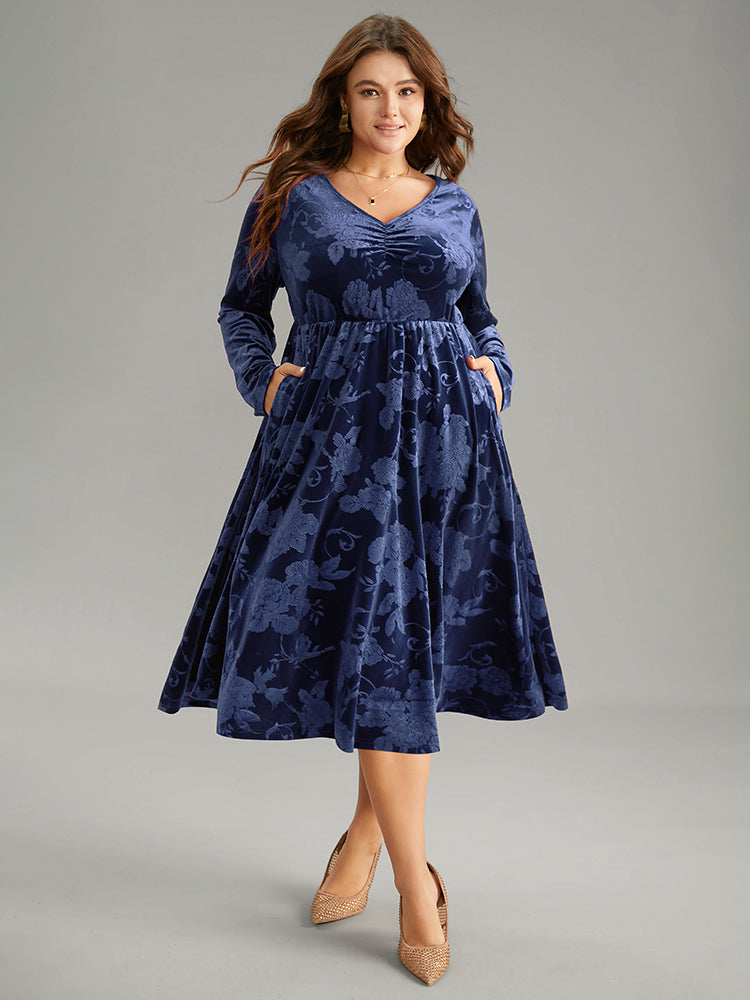 Velvet Jacquard Elastic Waist Ruched Dress
