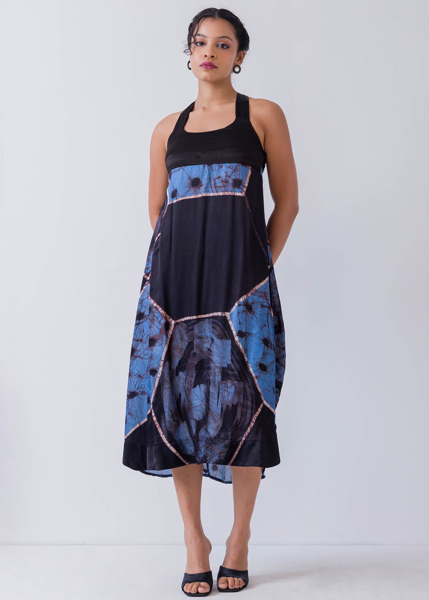 Cross Back Detail Geometric Printed Batik Midi Dress