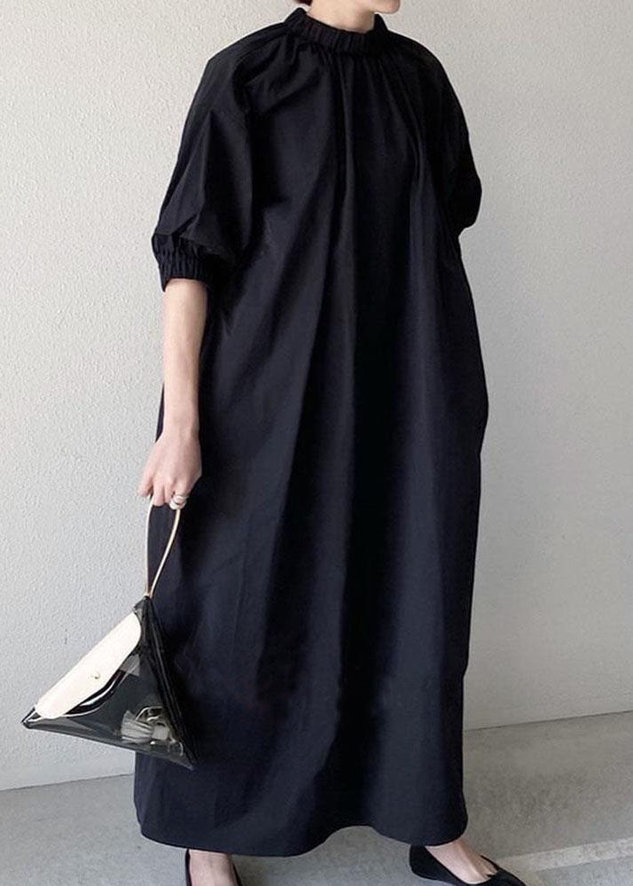 Handmade Black Stand Collar Patchwork Cotton Long Dress Half Sleeve Summer