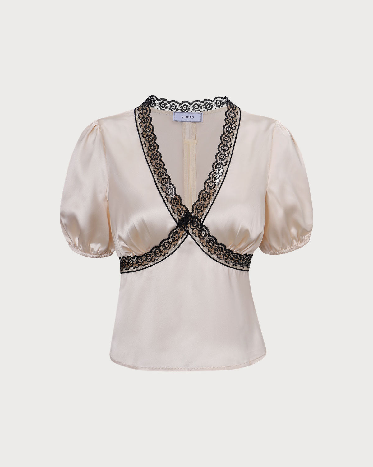 The Apricot V-Neck Lace Puff Sleeve Blouse