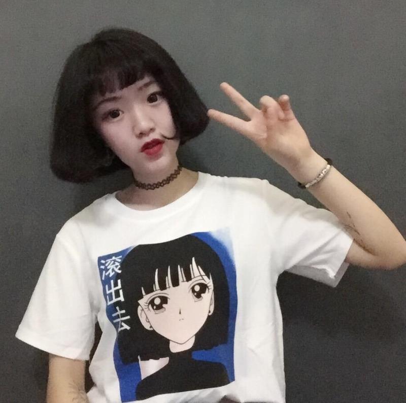 Black Haired Girl White Cotton T-shirt