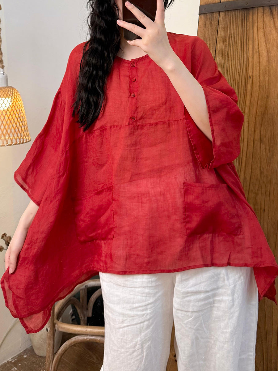 Women Summer Artsy Pure Color Ramie O-Neck Shirt