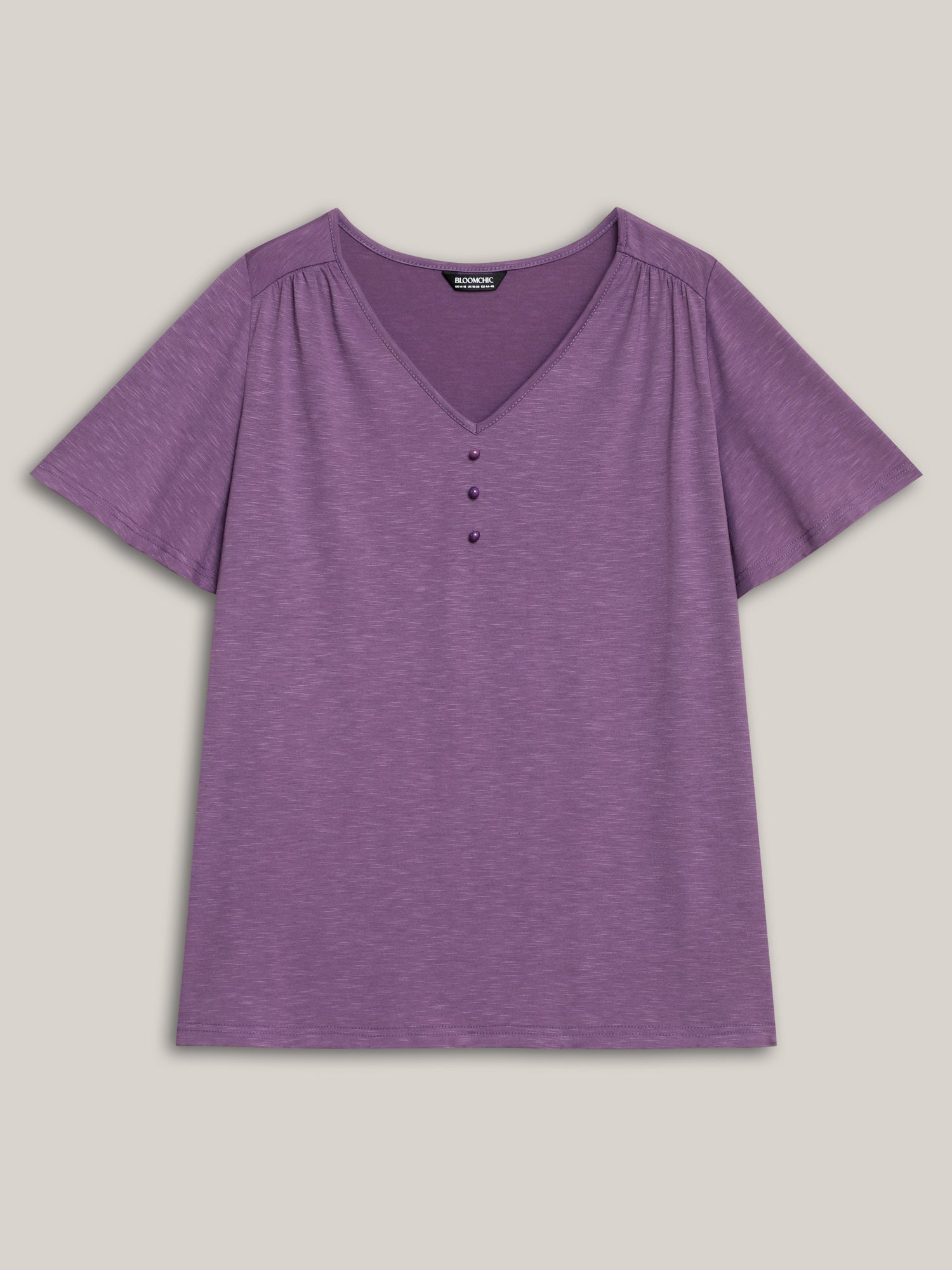 Bamboo Textured Pleated Shoulder Button T-Shirt