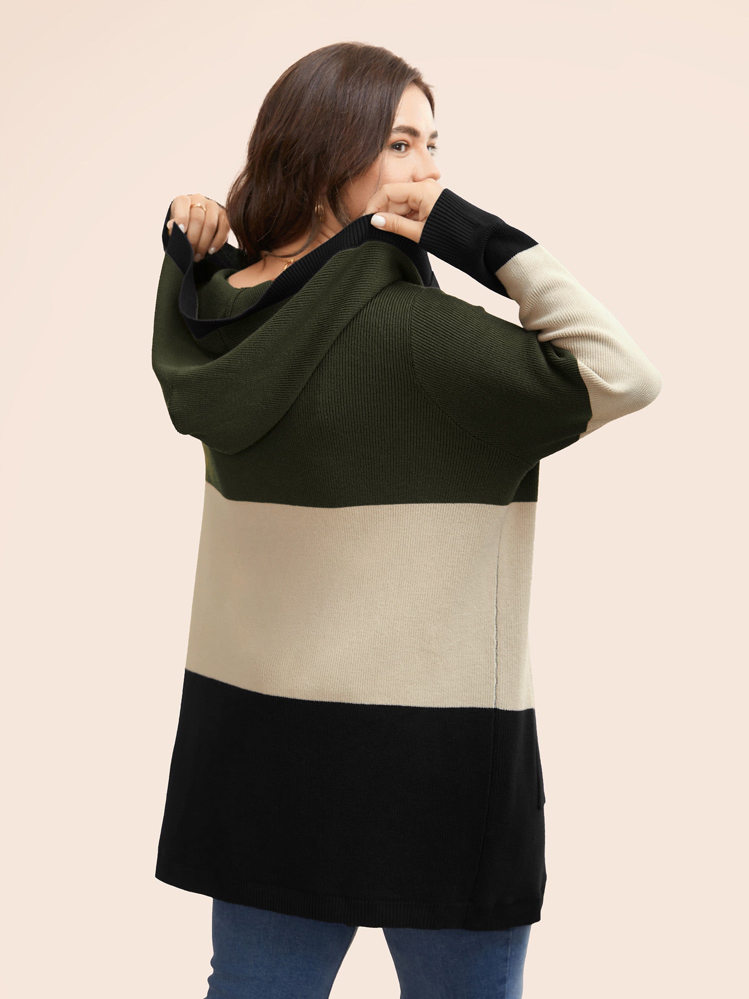 Colorblock Contrast Patched Pocket Hooded Cardigan