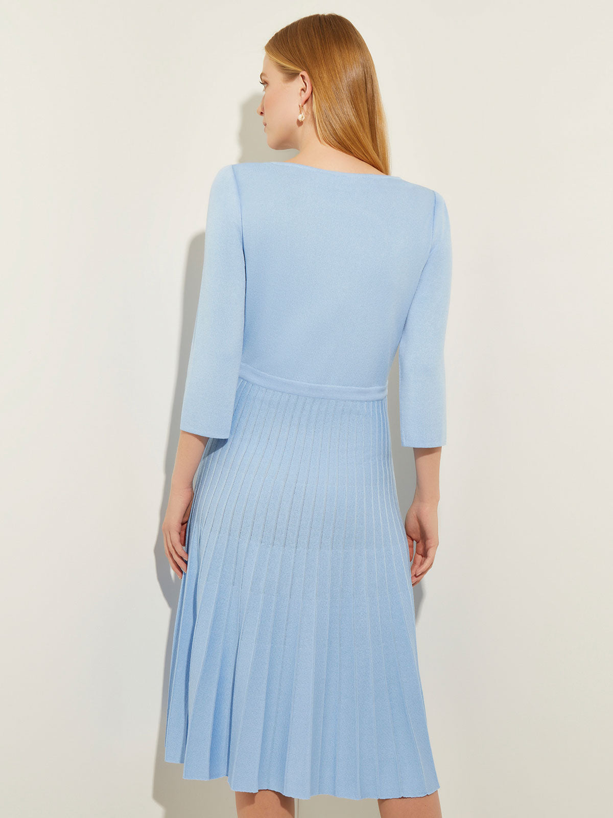 Pleated Contrast Panel Soft Knit Dress, Cirrus Blue