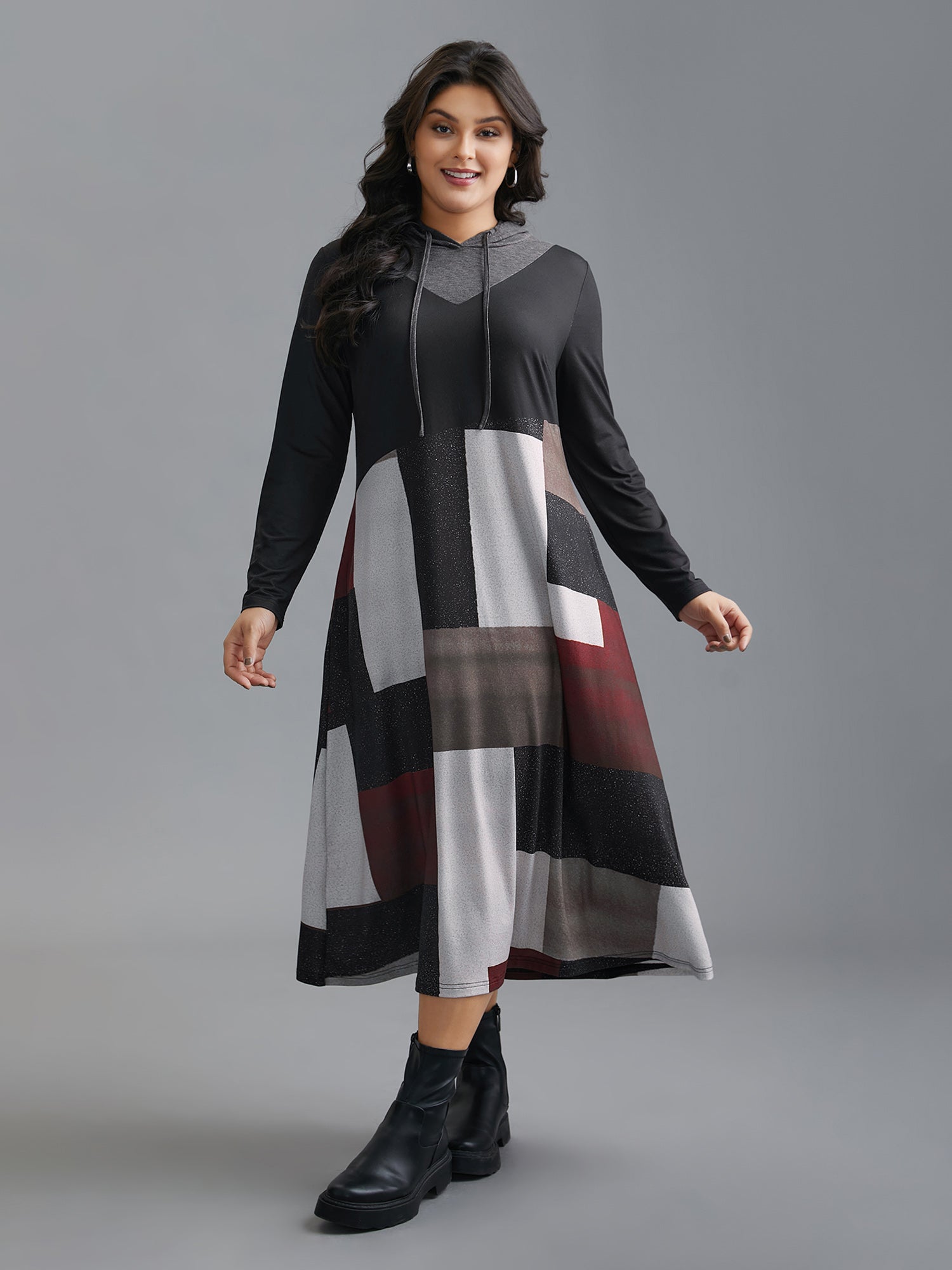 Geo Print Hooded Drawstring Pockets Dress