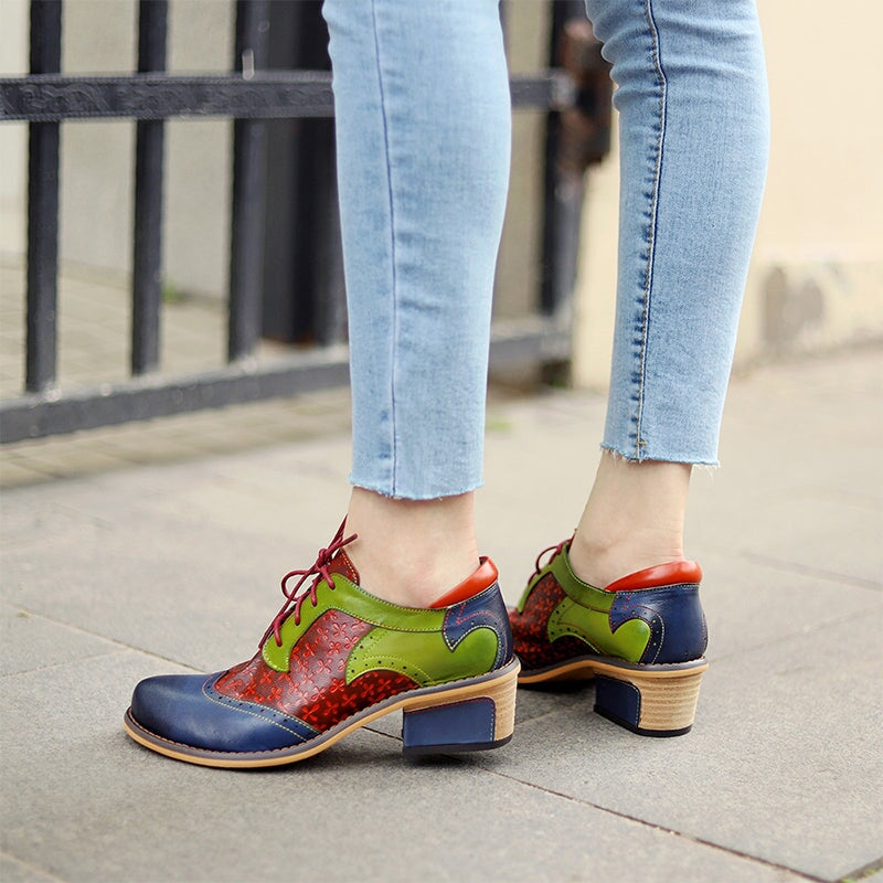 Women Fashion Brogue Oxfords With Printing Lace-up Shoes in Blue