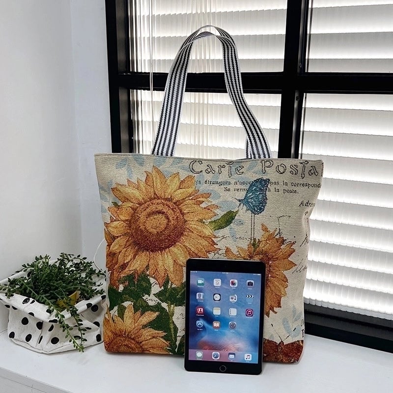 Unisex Vintage Style Cat Flower Canvas Shopping Bags
