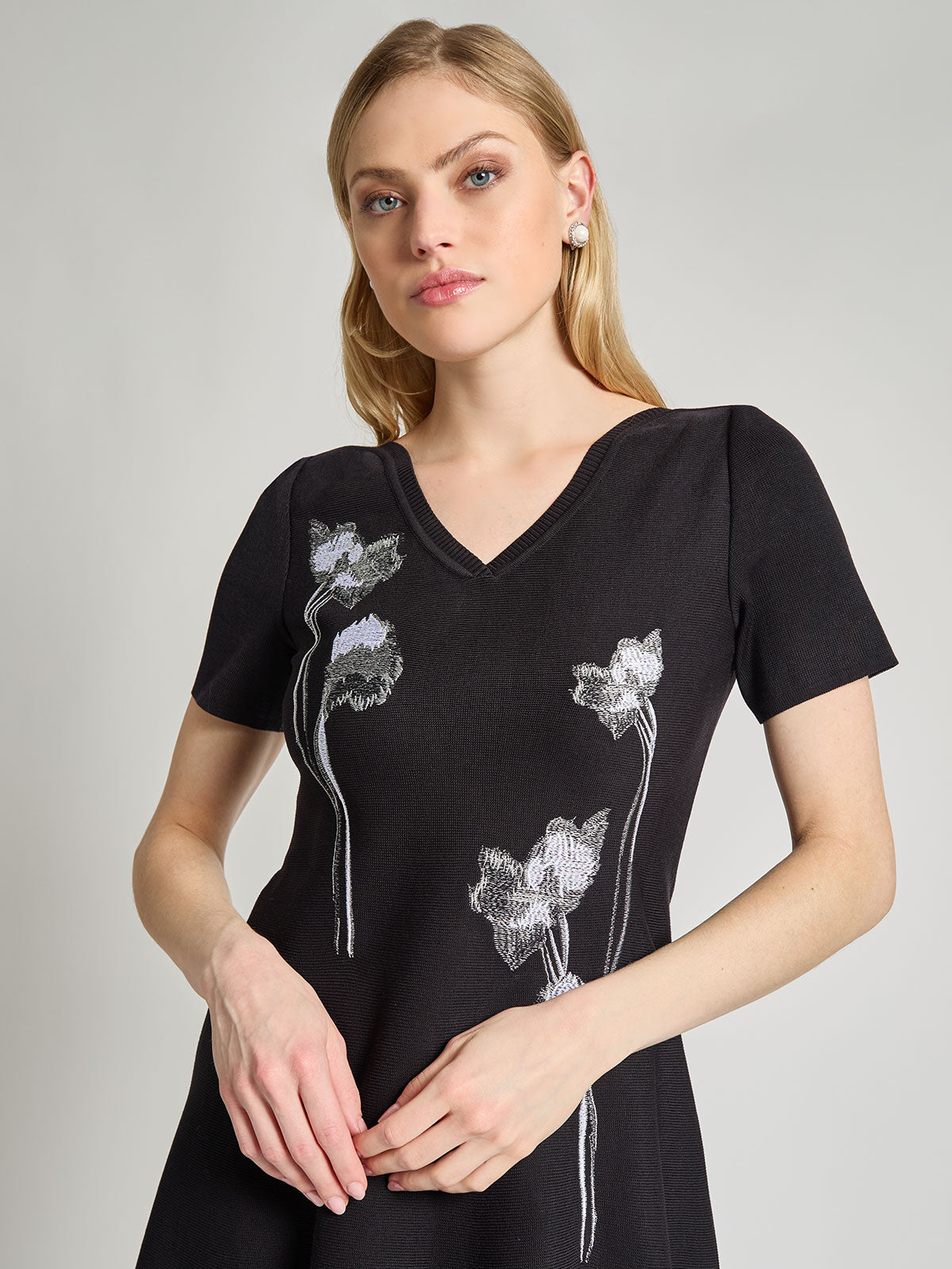 Fit-and-Flare Embroidered Detail Knit Dress - Modern Fit