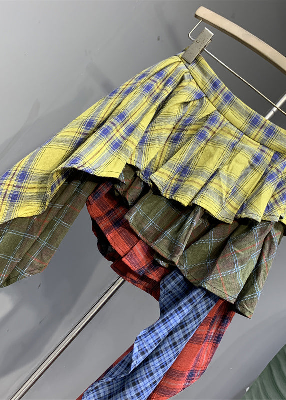 Chic Colorblock Plaid Asymmetrical Patchwork Skirts Summer