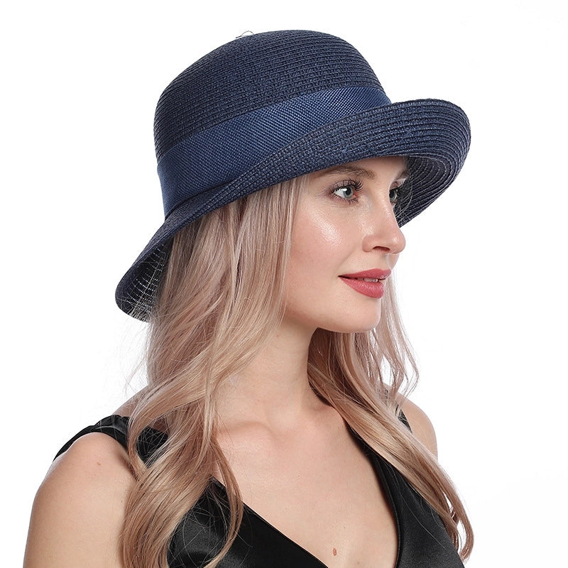 Women's Casual Retro Solid Color Bowknot Crimping Straw Hat