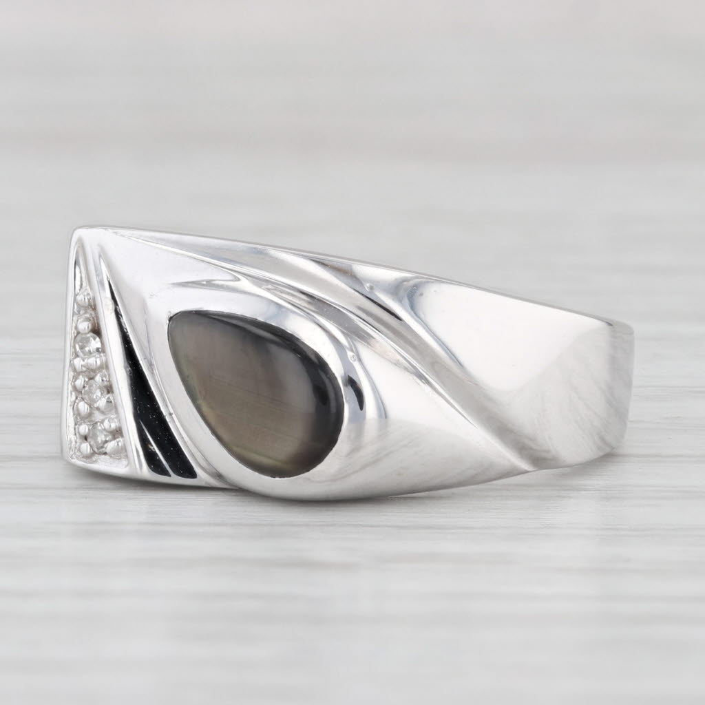 Pear Cabochon Black Star Sapphire Diamond Ring 10k White Gold Size 9.75-10
