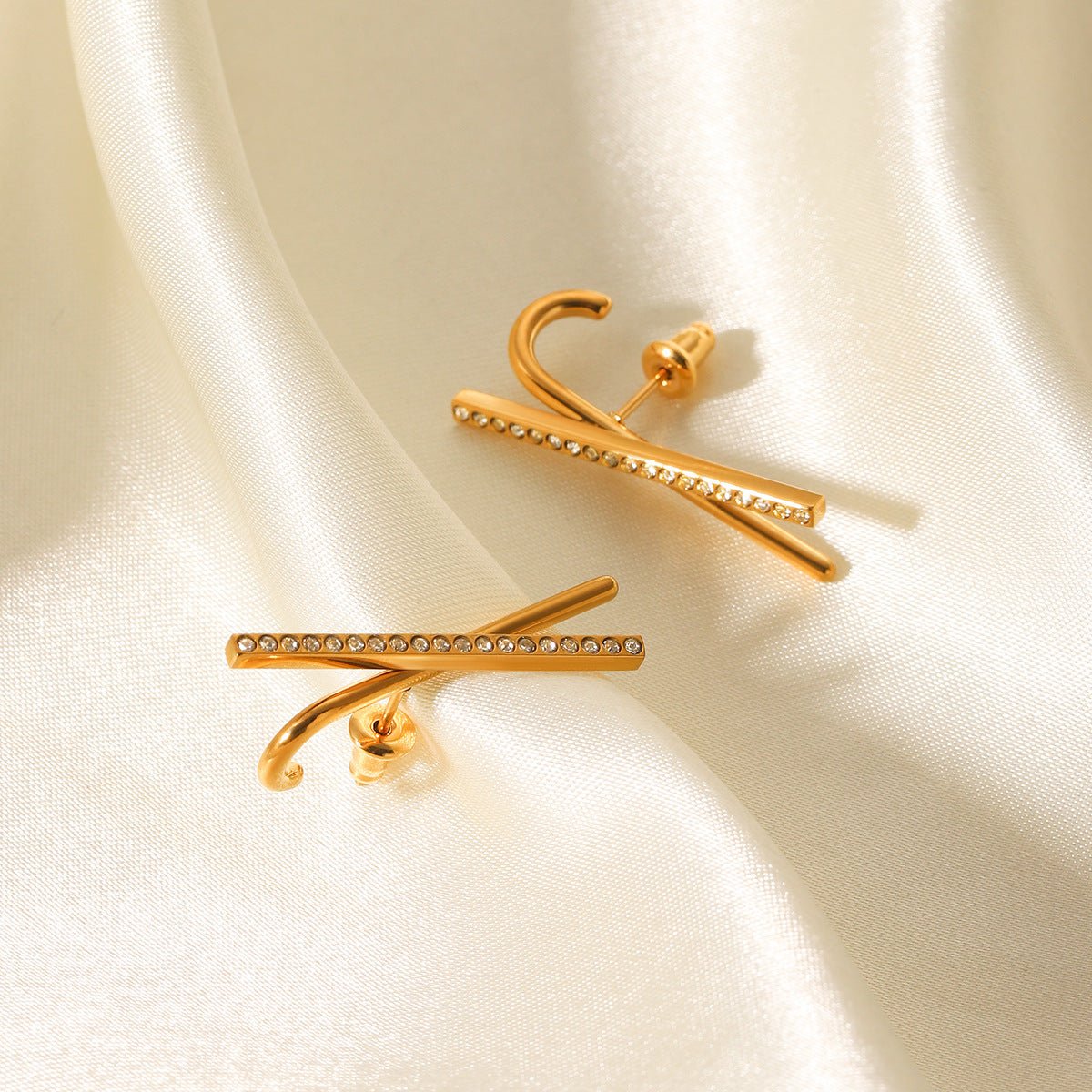 Ins Style Stainless Steel Earrings Design Cross-Line Diamond Earrings 18K Gold Titanium Steel Earrings