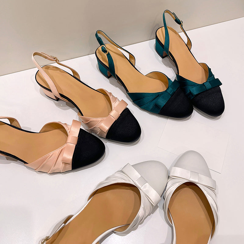 Elegant Colorblock Slingback Sandals with Bow Satin Closed-Toe Dress Shoes in Green/White/Pink