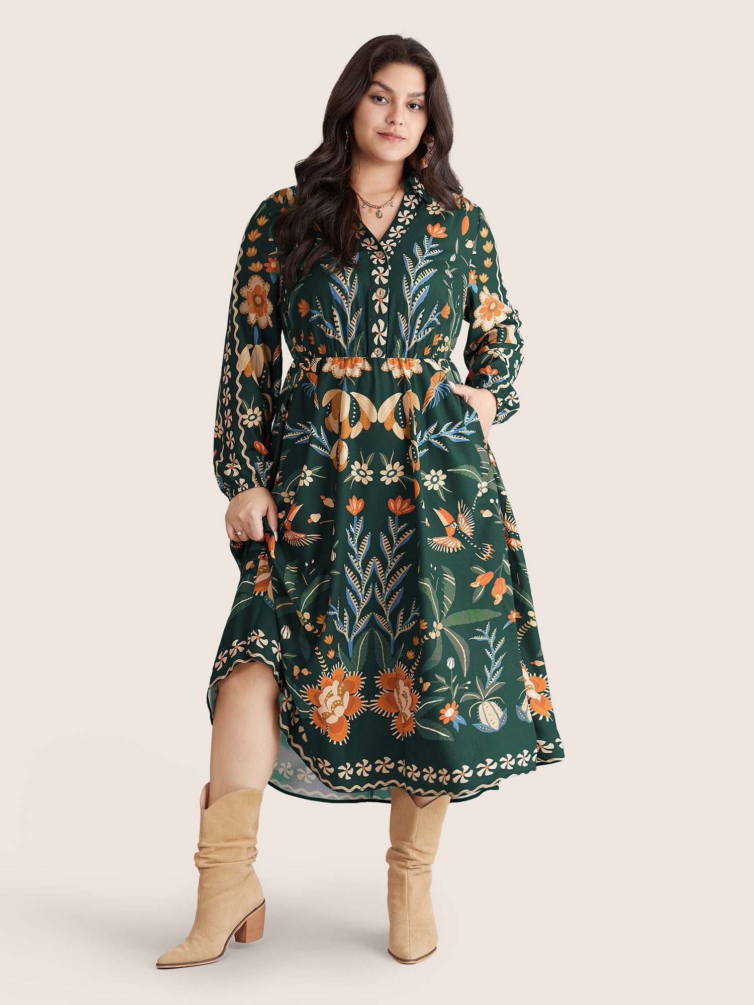 Bandana Print Pocket Lapel Collar Elastic Cuffs Dress